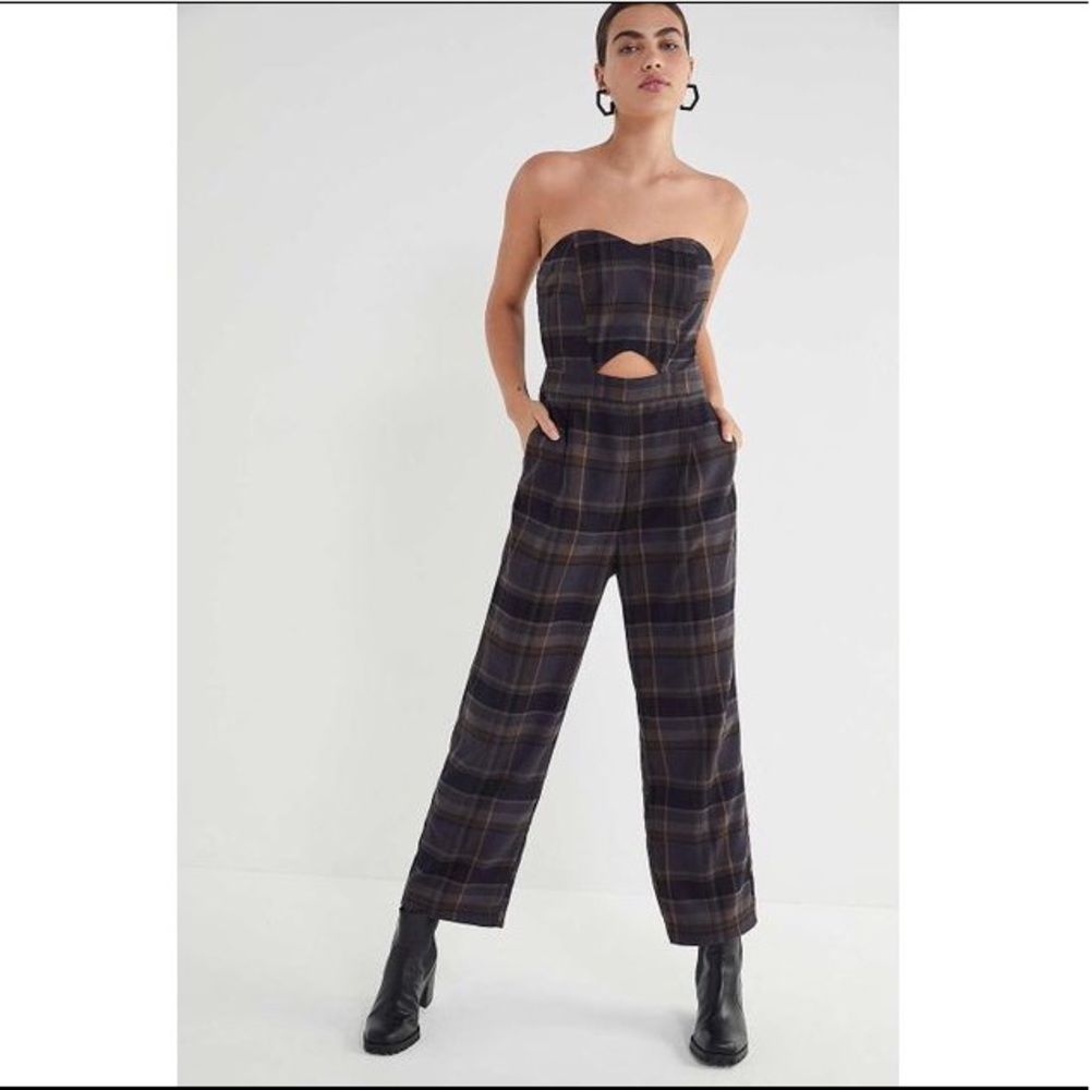 UO Plaid Tie-Back Strapless Jumpsuit